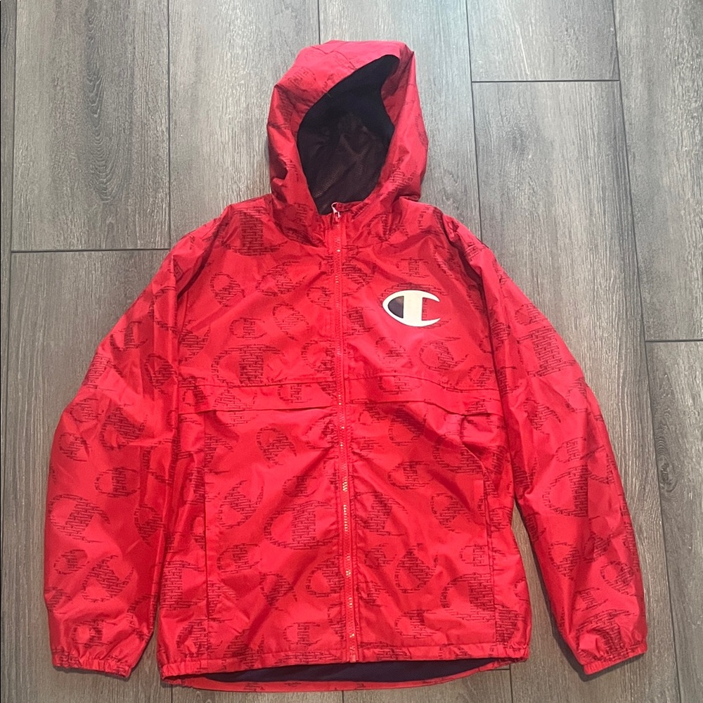 NWOT size 14/16 Champion Red Hooded Windbreaker with All-Over Logo